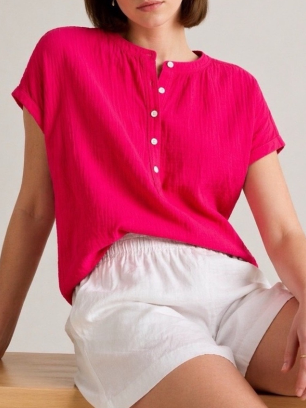 Quince 100% Organic Cotton Gauze Roll Sleeve Shirt Hot Pink Large